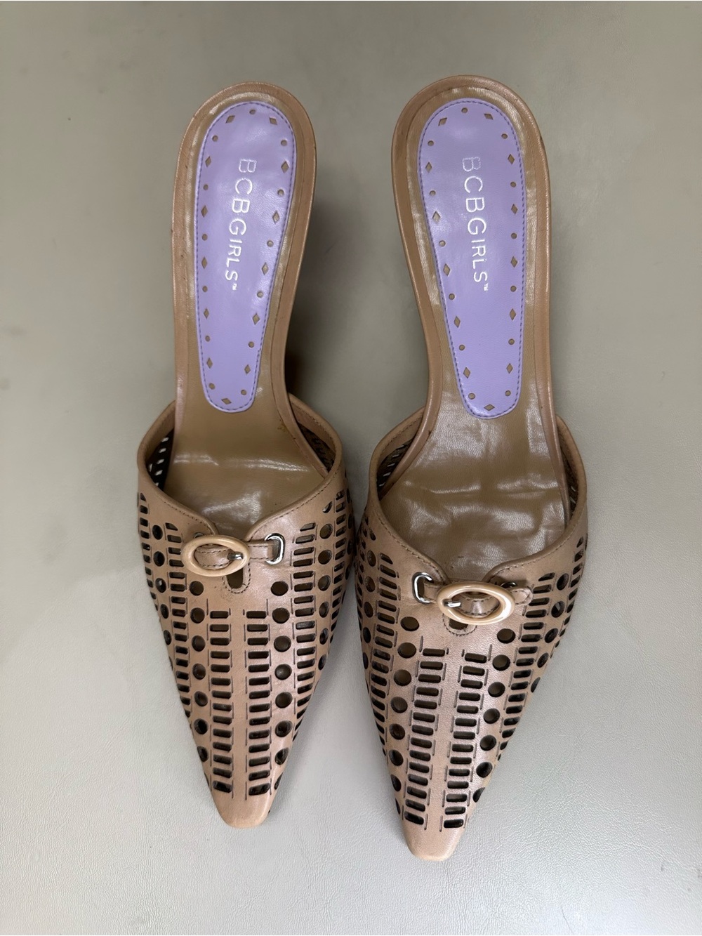 BCBGirls Tan Perforated Pointed Mules with Buckle Detail